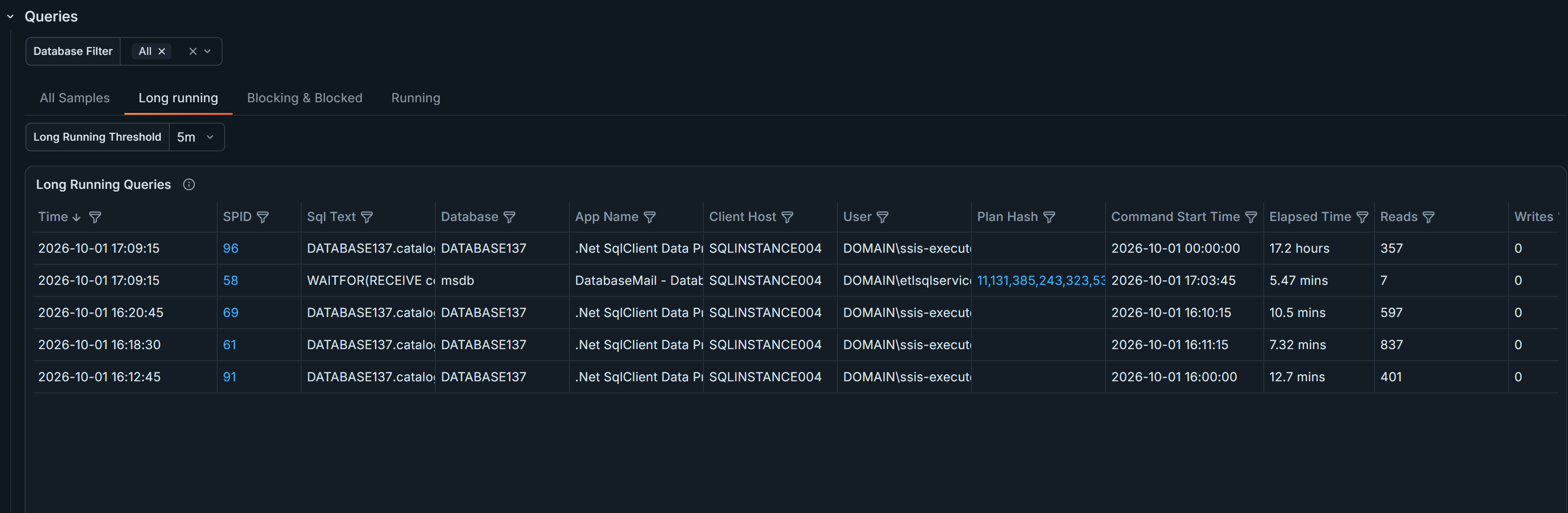 Long Running tab showing queries that exceed the selected threshold